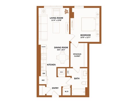 A brown floor plan of a house with a living room, dining room, kitchen, and bathroom.